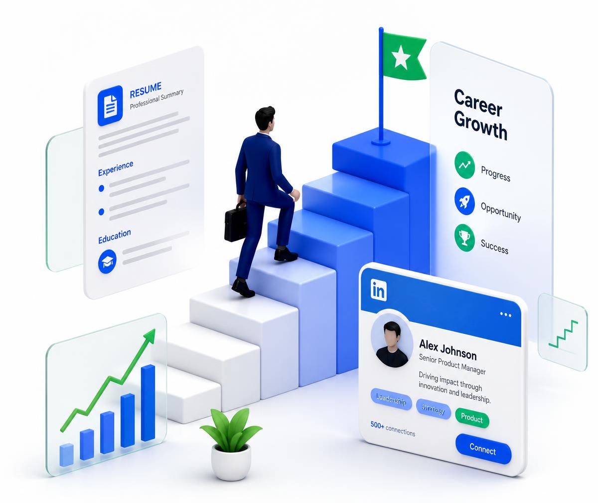 Illustration of career growth with resume, LinkedIn profile and rising chart